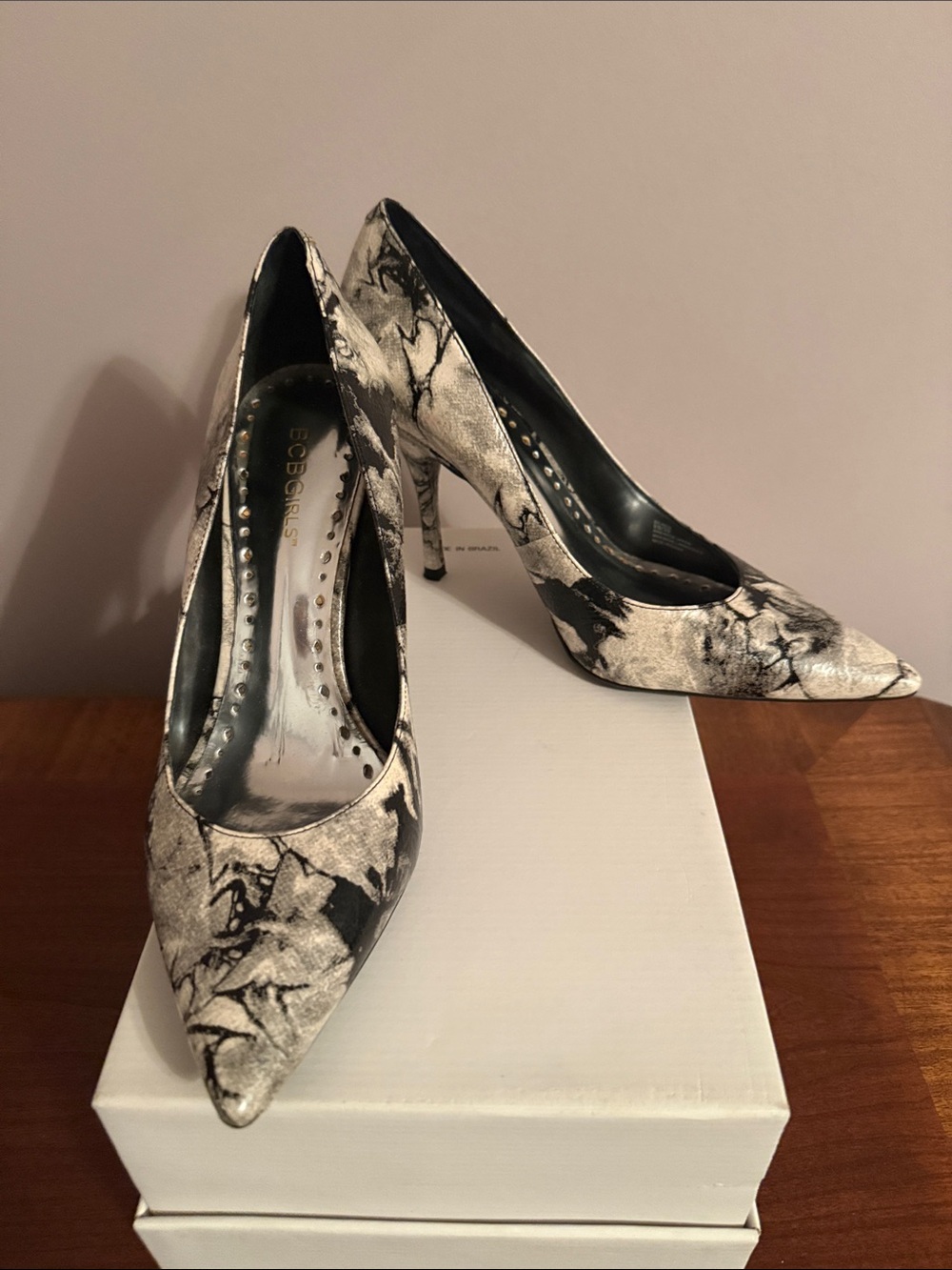 BCBGirls Black and White Marble Pointed Pumps